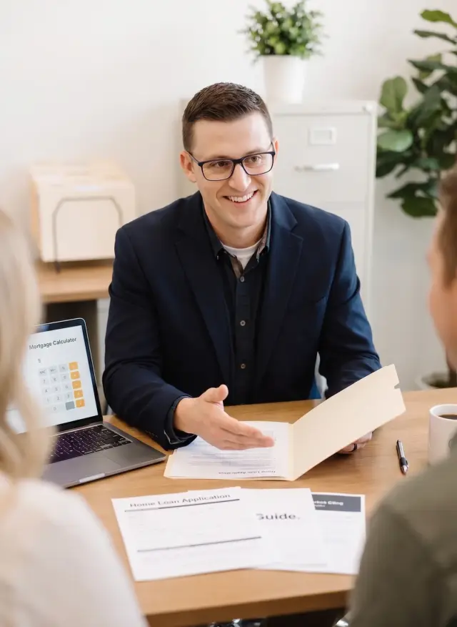 Teddy Urlacher reviewing a home loan application and homebuyer guide with a couple in his Spokane Valley office